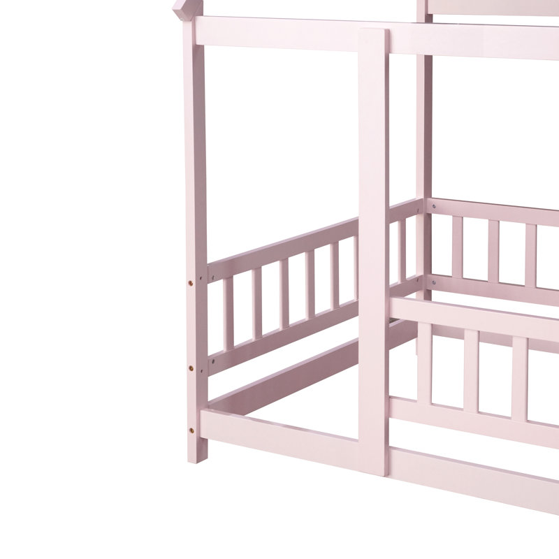 Lit simple en bois avec structure de toit, garde-corps de sécurité, rose