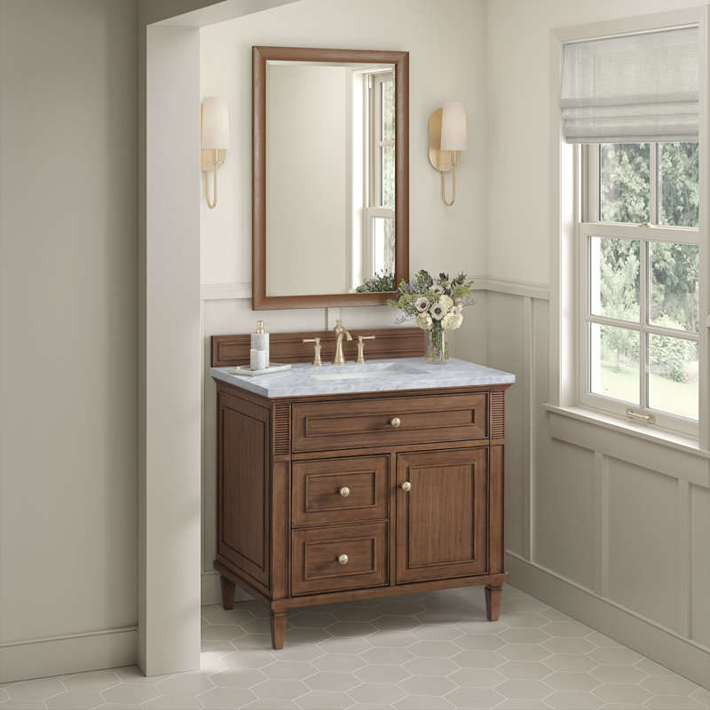 Lorelai 36'' Single Bathroom Vanity with Top, Mid-Century Walnut, Carrara White, 8" Widespread
