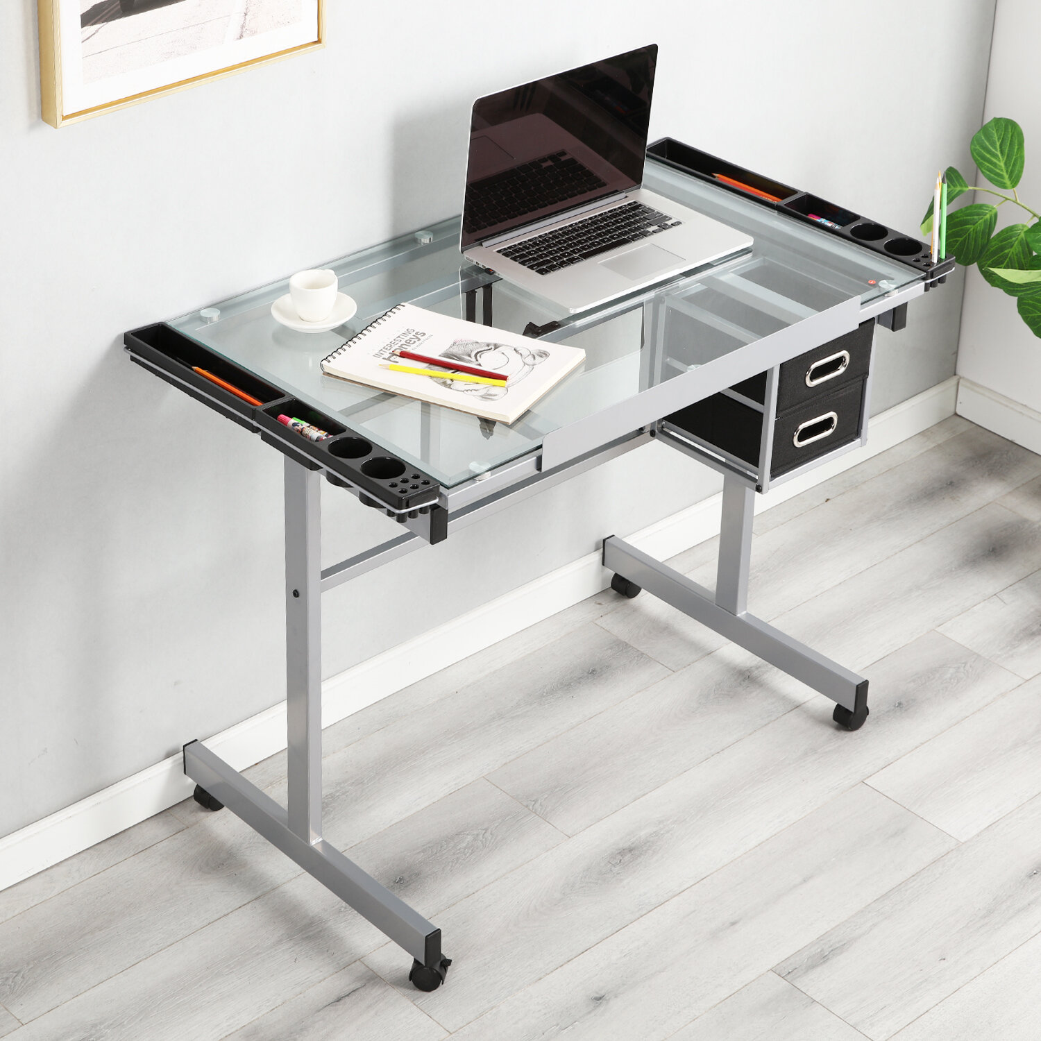 Adjustable Drawing and Drafting Table with Black Frame and Dual Wheel Casters - Flash Furniture