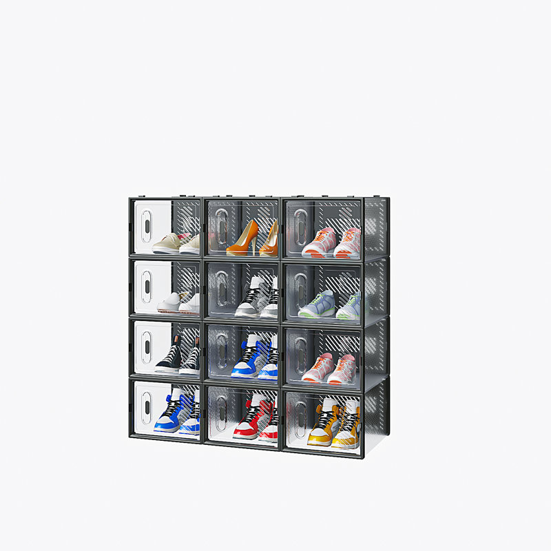 Large Shoe Storage Box Organizers Stackable (Set Of 12), Clear/Black