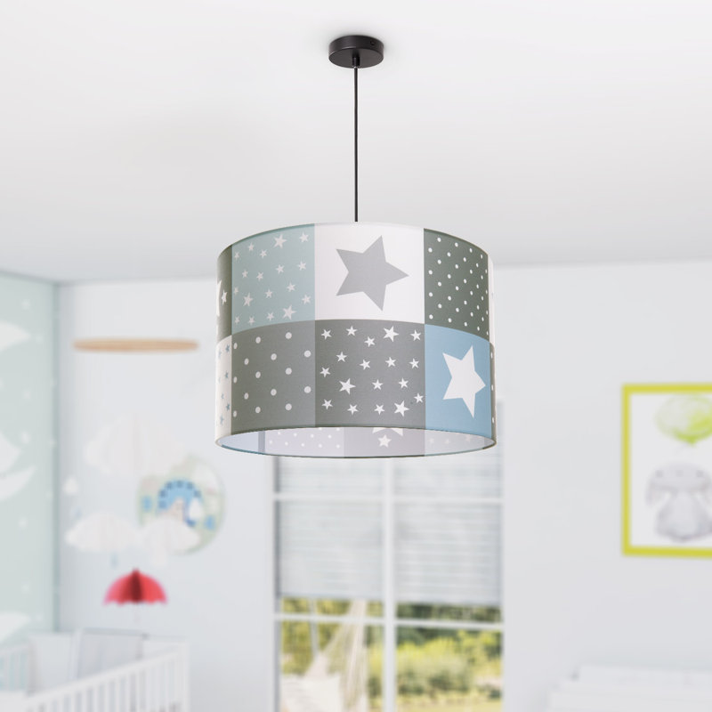 Drum pendant lamp 1-light Caton, Black, Blue/Grey/Green/White, 27cm H x 45.5cm W x 45.5cm D