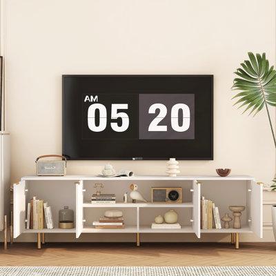 White Fluted Tv Stand For 70-79 Inch Tv, 68" With Power Outlet, Entertainment Center Lockers, Media Console Cabinet Living Room Modern Doors,