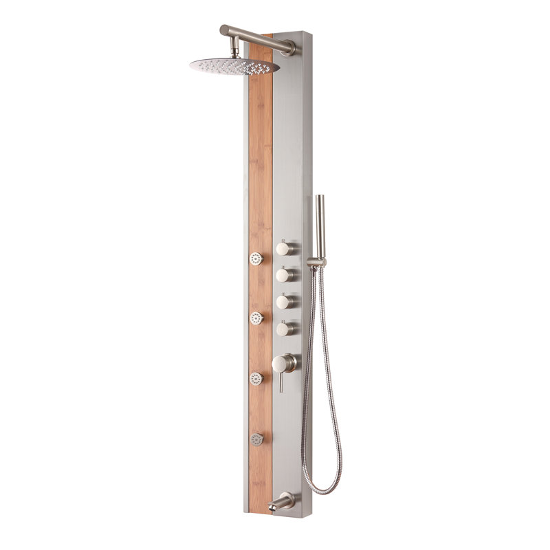 Panneau de douche 57 po avec pomme de douche réglable, Acier inoxydable / bambou