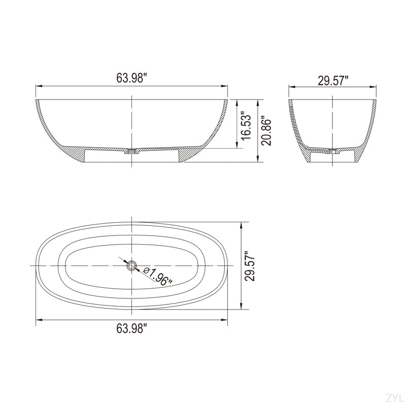 Baignoire de trempage autoportante à surface solide de 64 pouces pour salle de bain
