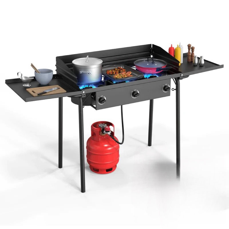 3-Burner High Pressure Propane Outdoor Stove with Removable Side Shelves and Windscreen