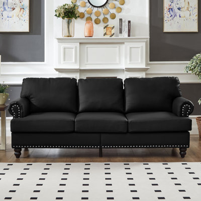 83" Classic With Silver Nail Accents, Upholstered In Soft Cowhide, Solid Wood Structure, Comfortable Spring And Foam, Removable Cushion, Storage Function American Style Leather Couch, Round Armrest