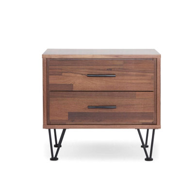 Table de chevet en noyer avec 2 tiroirs et pieds en métal