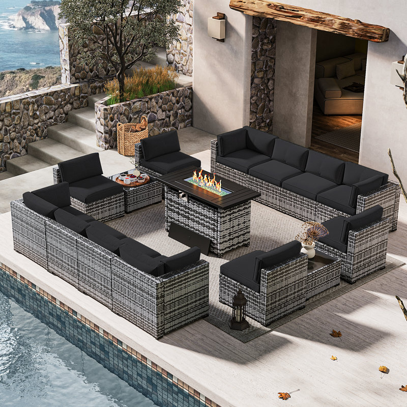 Tomijs 15 Piece Rattan Sofa Seating Group with Fire Fit Table, Black, Gray
