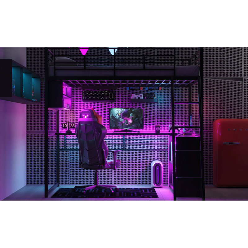Lit mezzanine en métal noir avec bureau, rangement à DEL et options de rangement polyvalentes - DEL, tablettes fonctionnelles