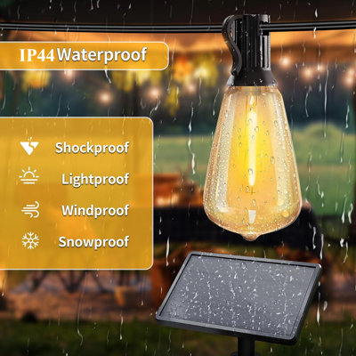 100 pi Guirlande d'extérieur à énergie solaire 24 lumières DEL St38 avec base E12 - Ampoules rétro Edison imperméables pour patio, jardin et café - Blanc chaud (2700k) - Fil noir