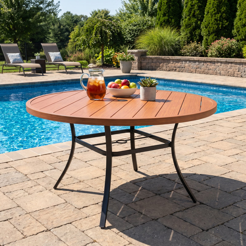 53" Patio Roud Metal Dining Table, Brush Wood Brown