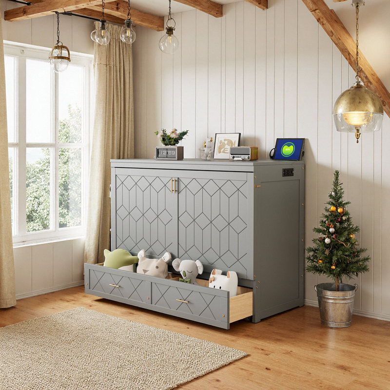 Lit escamotable mural Murphy avec tiroir et ensemble de prises et ports USB, Gris