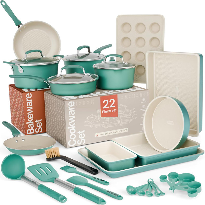 22-piece Pots And Pans Set, Nonstick Cookware & Bakeware With Plaid Pattern, Stackable, Dishwasher & Oven Safe, Aqua