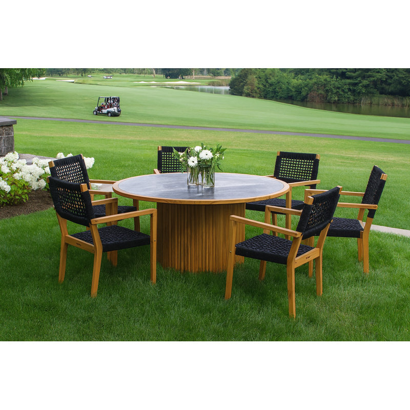 Cava 7 pièces Table de salle à manger ronde en teck et pierre avec fauteuils en corde nautique, Noir/naturel, Gris