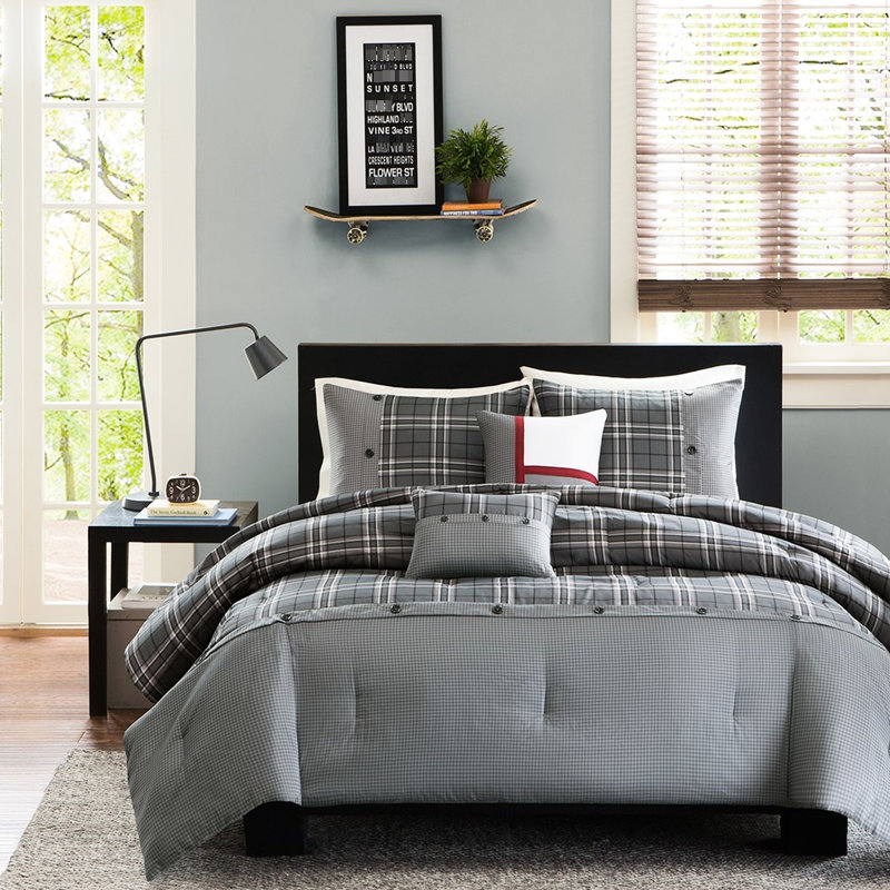 Édredon simple / simple TG à carreaux élégants avec coussins en tissu gris et blanc