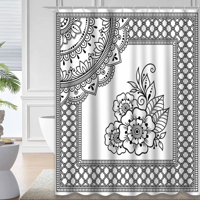 Rideau de douche imperméable à motif de fleurs et de henné avec 12 crochets, L 72 po x l 84 po