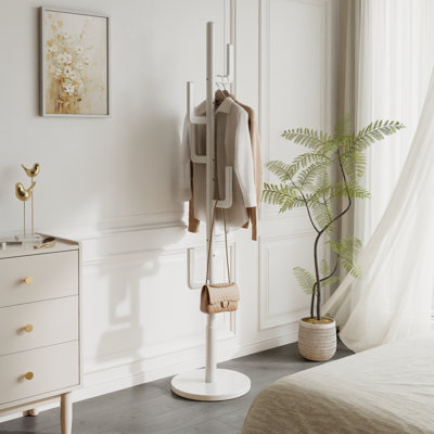 Portemanteau en bois massif avec 6 crochets, facile à assembler, idéal pour l'entrée, la chambre à coucher, le rangement des manteaux et des sacs.