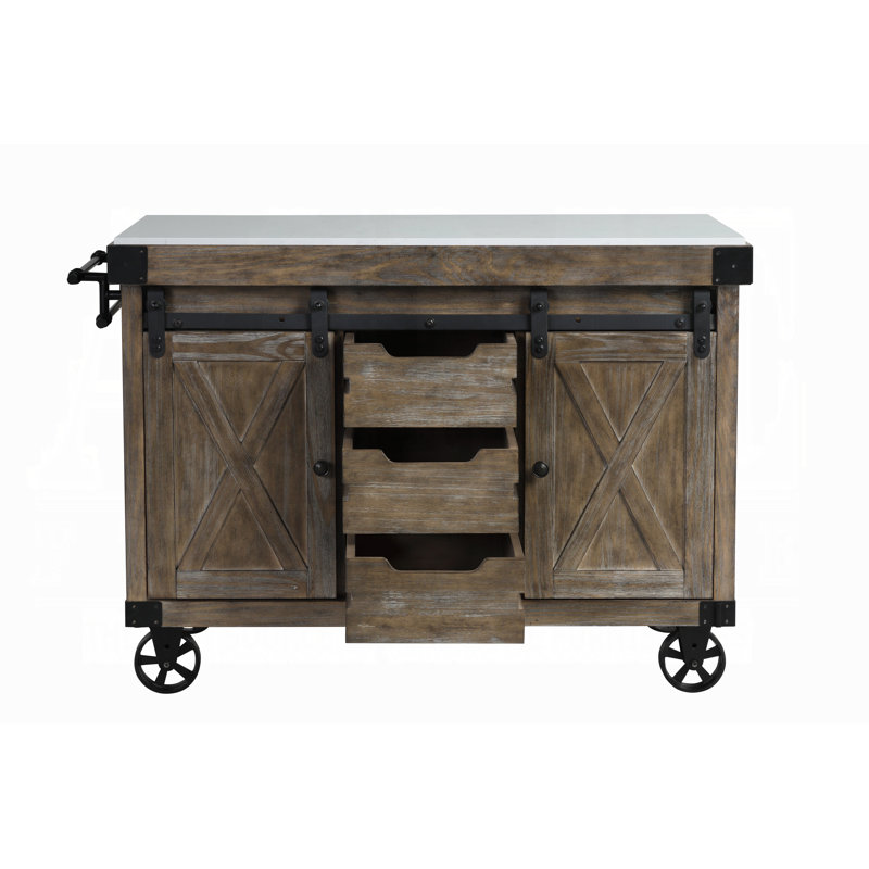 Weathered Gray Pine Kitchen Island with Marble Top