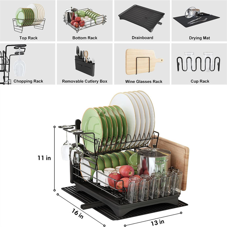 Dish Racks for Kitchen Counter, Dish Drainer with Drainboard Set, Drying  Mat, Glass & Utensil Holder, Durable Stainless Steel Kitchen Organizer and  Storage, Black 