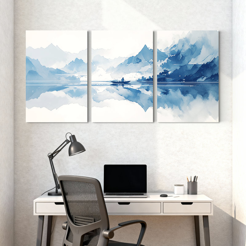 Paysage et nature montagne lac réflexion bateau nuages eau ciel ensemble de 3 impressions sur toile, H 18 po x l 36 po