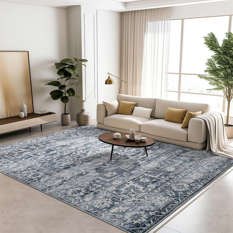 Machine Washable Medallion Floral Area Rug(Blue), Rectangle 5' x 7'