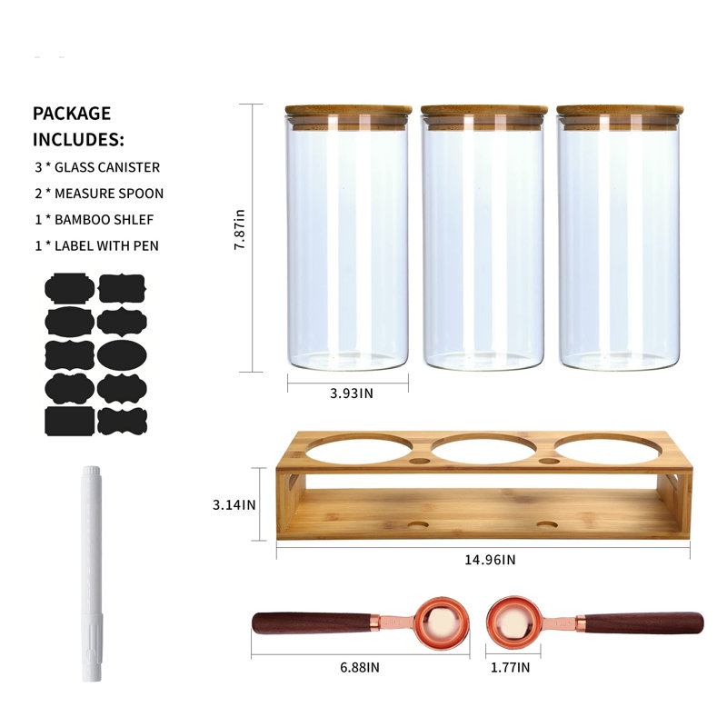 Boîtes à café hermétiques en verre, ensemble de 3 pièces pour le rangement des grains de café de 1,25 litre (44 oz) avec tablette