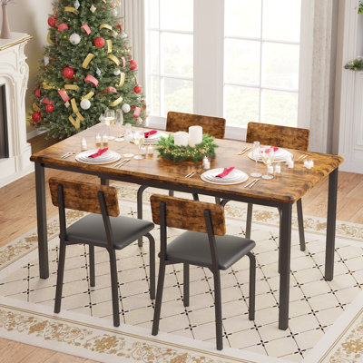 Extendable Drop Leaf Dining Set With 4 Upholstered Chairs, 63" Kitchen Table Set For 4-8 People , Mdf Wood, Marble by 17 Stories
