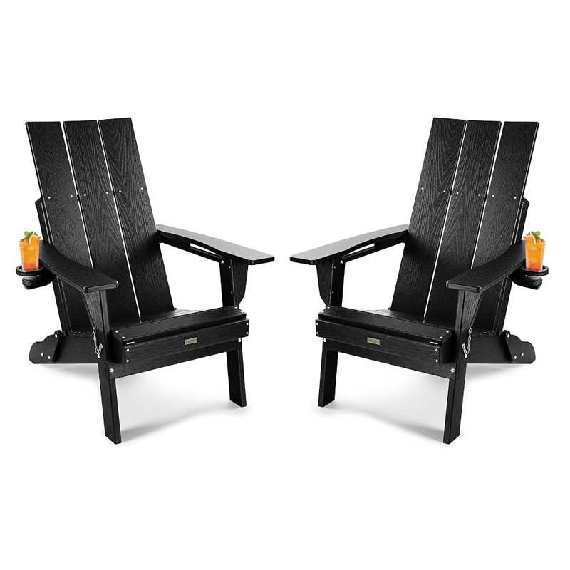 Adirondack Chair, Oversized HDPE Folding Adirondack Chair With Cup Holder(Set Of 2), Black