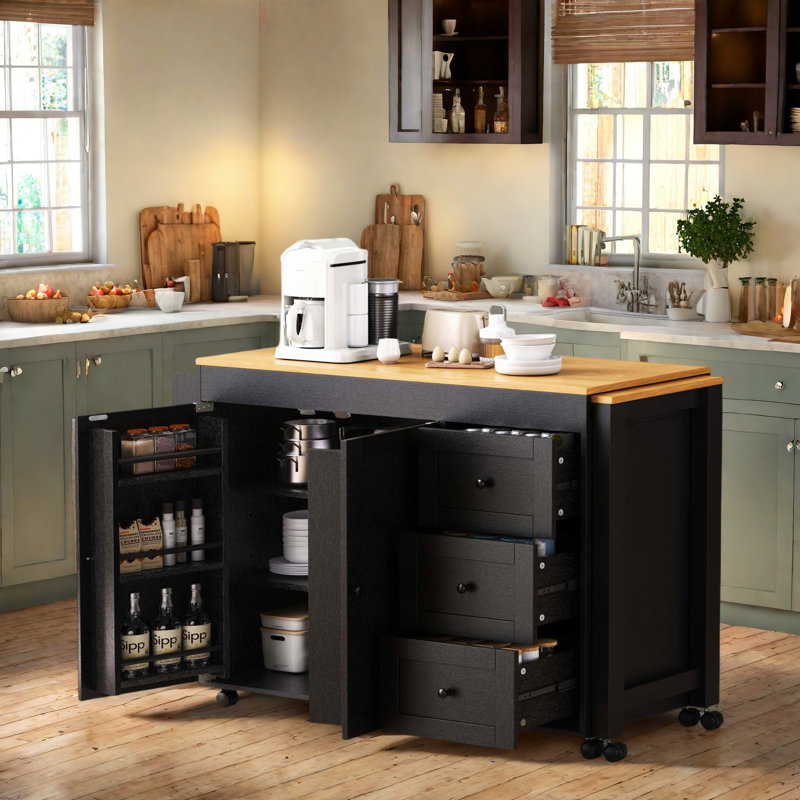 Kitchen Island With Extendable Dining Table, 3 Drawers, Power Outlet, Spice Rack And 2 Door Cabinet, Black