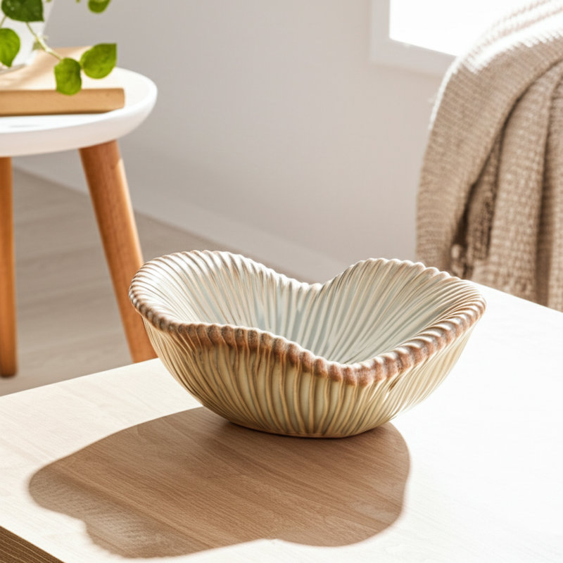 Ceramic Bowl Chiseled Textured Design Handcrafted Decorative Sculpted Form Contemporary Artisan Pottery Curved Organic Shape Unique Accent Piece For Modern Display Settings