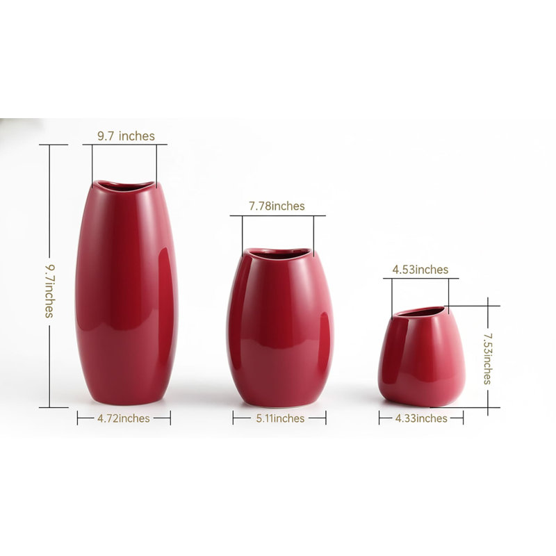 3-Piece Red Ceramic Vase Set - 4.72"L×4.72"W×9.7"H | Modern Home Decor for Shelf/Table/Living Room