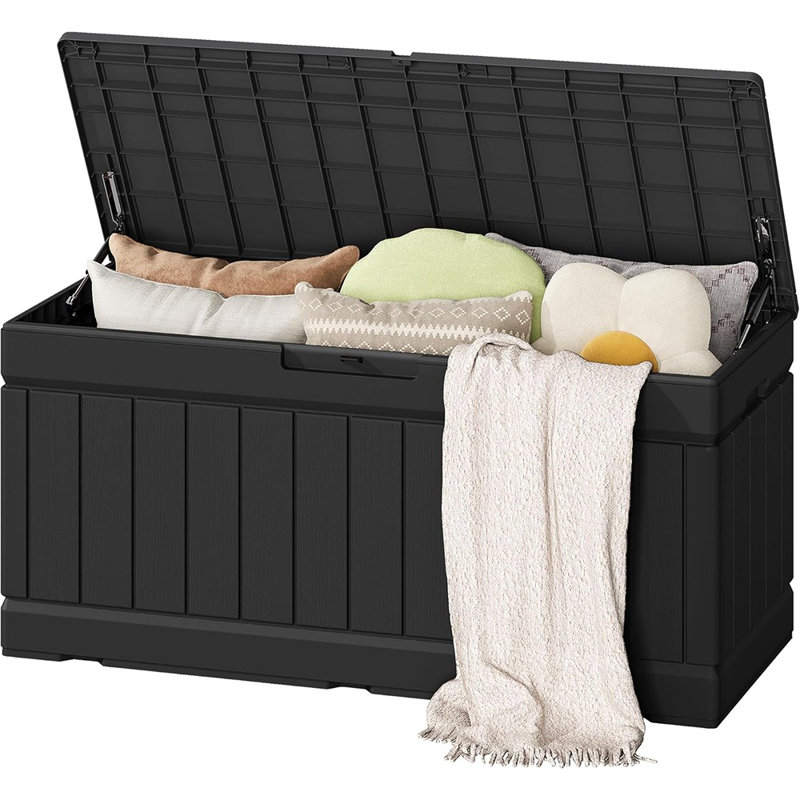 Boîte de rangement extérieure en résine 80 gallons, boîte de terrasse imperméable avec texture de bois, grande poubelle pour coussin de patio - noir