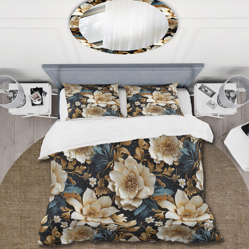 Literie luxueuse à motif floral doré et gris, Housse de couette pour grand lit et 2 taies décor