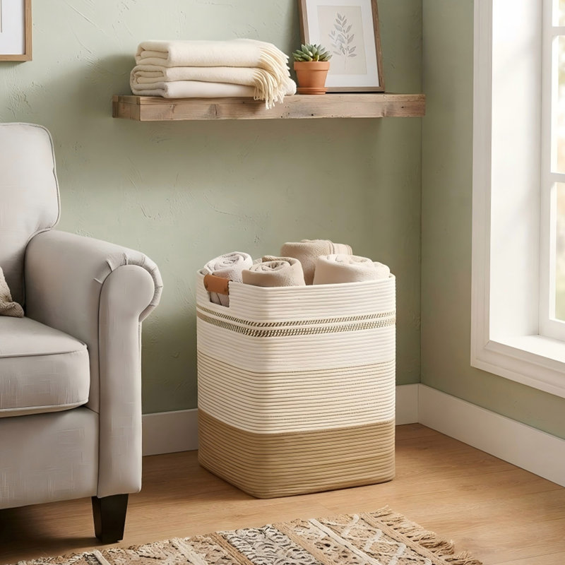Cotton Woven Laundry Hamper with Leather Handles