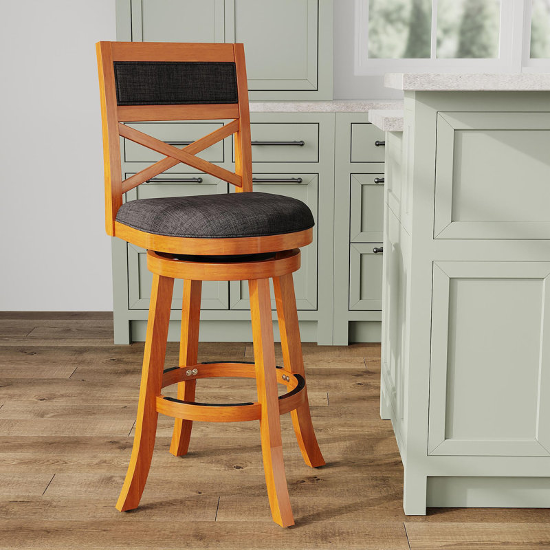 Tabouret pivotant à dossier en X de 30 po de hauteur bar, finition naturelle, siège en tissu gris anthracite, Gris foncé