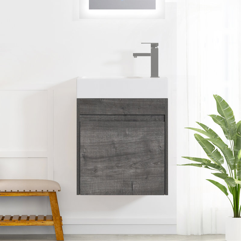 Meuble-lavabo mural 18 po avec lavabo en résine blanche et porte d'armoire à fermeture en douceur 18 po, Chêne gris carreauté
