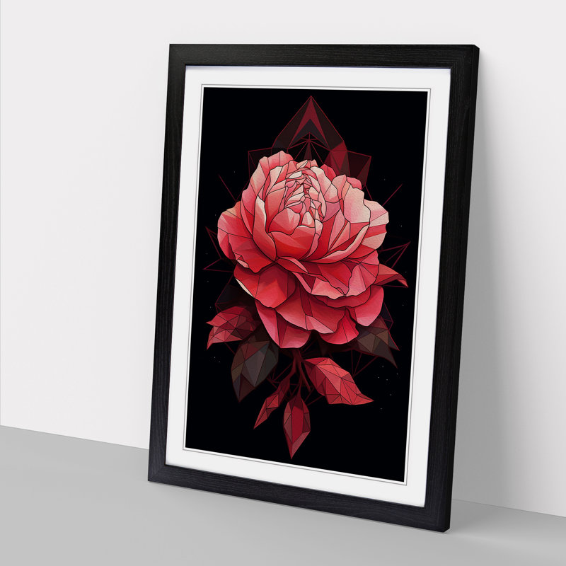 Peony Flower Geometric - Single Picture Frame Print on Wood, Black Framed, 34cm H x 25cm W x 2cm D