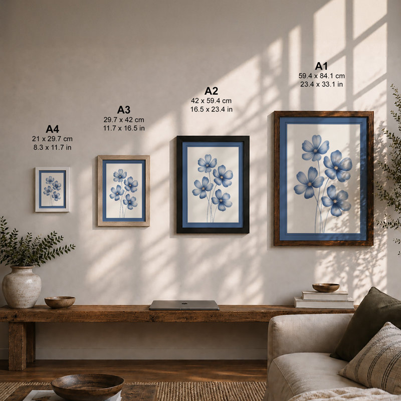 Blue Flowers Botanical - Framed Print, A4 - 29.7 x 21.0 cm, Black
