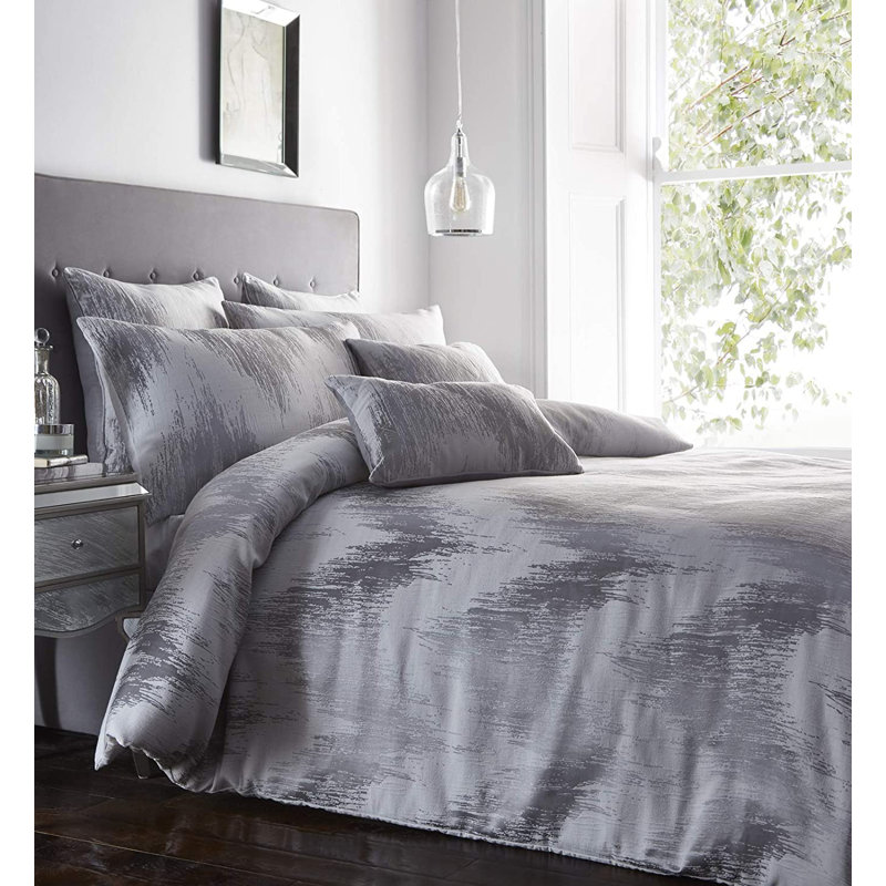Brianah Metallic Chevron Reversible Duvet Cover Set, Silver, Super King Duvet Cover + 2 Standard Pillowcases