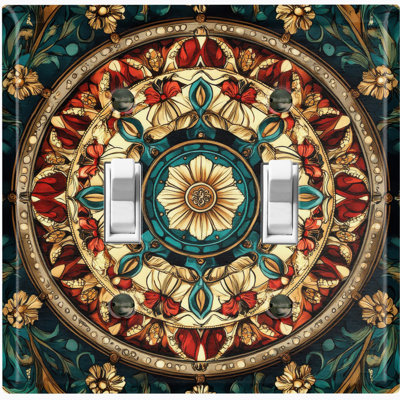 Couvercle de plaque d'interrupteur en métal; Bascule de taille standard 2 US - image imprimée d'un mandala floral en vitrail