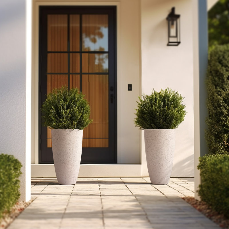Pot à fleurs rond avec plateau Nova l 12 po, Blanc moucheté, 2, H 20 po x l 11,5 po x P 11,5 po