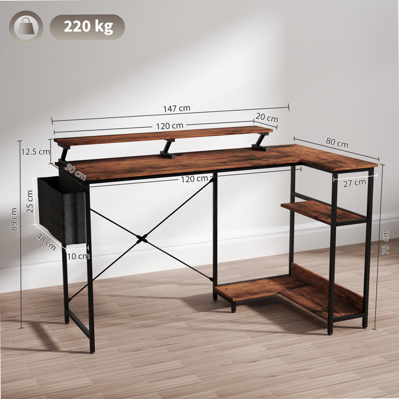 58" Reversible L Shaped Desk With Storage Bag, Corner Computer Desk With Power Outlet And LED Light, Monitor Shelf And CPU Stand, Rustic Brown