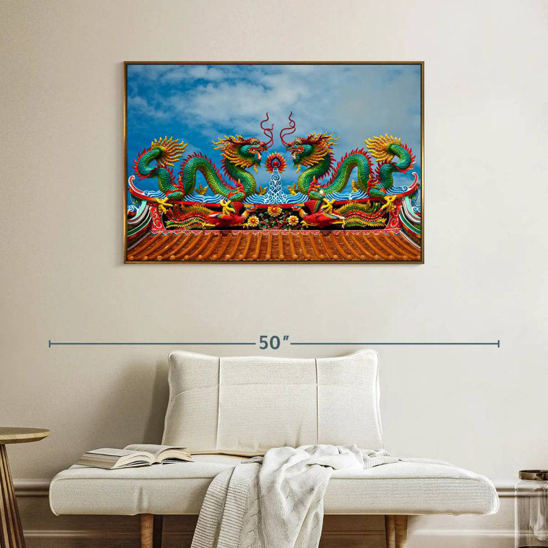 Simple dragon oriental, Cadre flottant doré, 40 po x 27 po