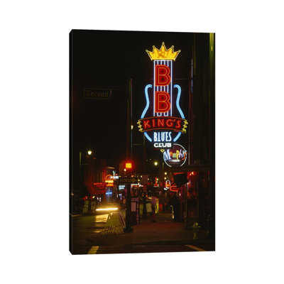 Neon Sign Lit up at Night, B. B. King's Blues Club, Memphis 1 Piece Wrapped Canvas Wall Art
