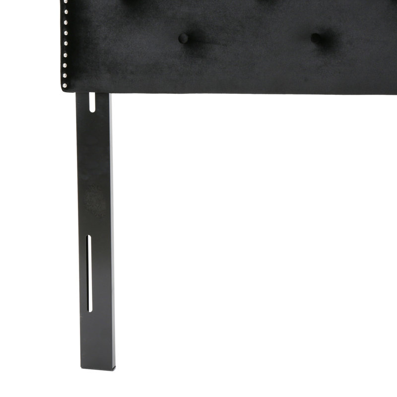 Button tufted design headboard with nailhead trim, Black, Velvet, Queen