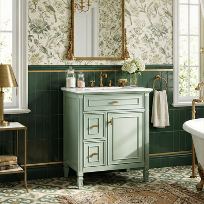 Meuble-lavabo de rangement intelligent 24 po avec lavabo en céramique, armoire en bois massif avec tiroir rabattable et 2 tiroirs latéraux (vert)