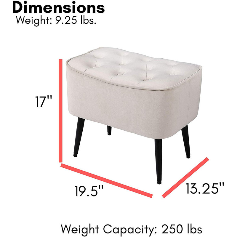 BirdRock Home 17" x 19.5" Tufted Velvet Ottoman Foot Stool, White, White Velvet