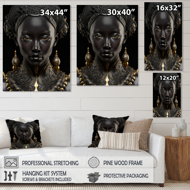 Gros plan, déesse africaine noire et dorée III sur toile, H 44 po x l 34 po x P 1,5 po, Toile tendue