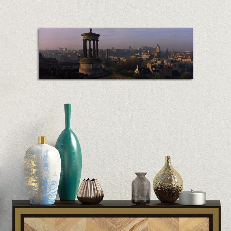 Dugald Stewart Monument With City Centre In The Background, Edinburgh, Scotland, United Kingdom - Wrapped Canvas Panoramic Print