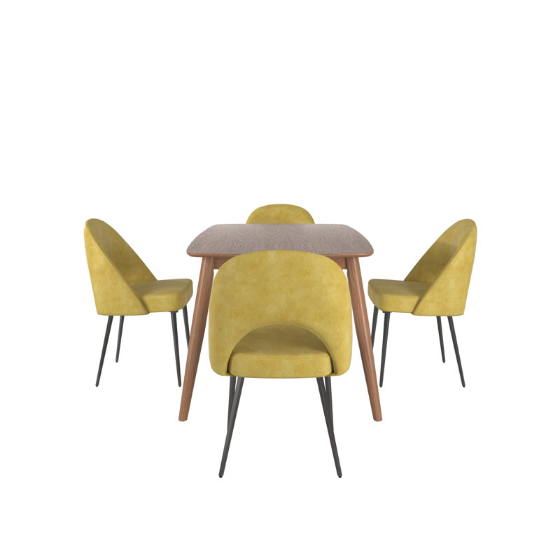 Ensemble de salle à manger Farias Mid-Century, Noyer foncé, Jaune